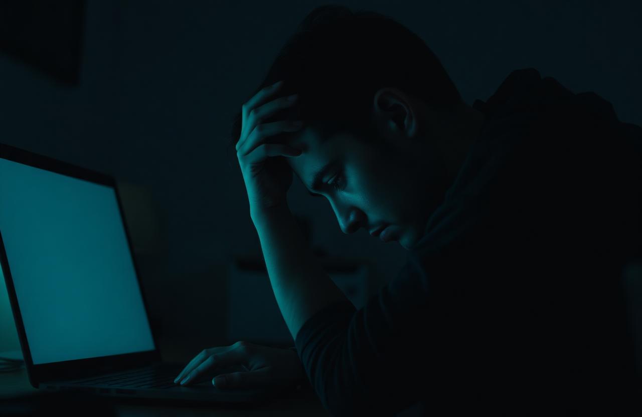 Exhausted creator at a dim desk late at night, illustrating creator burnout